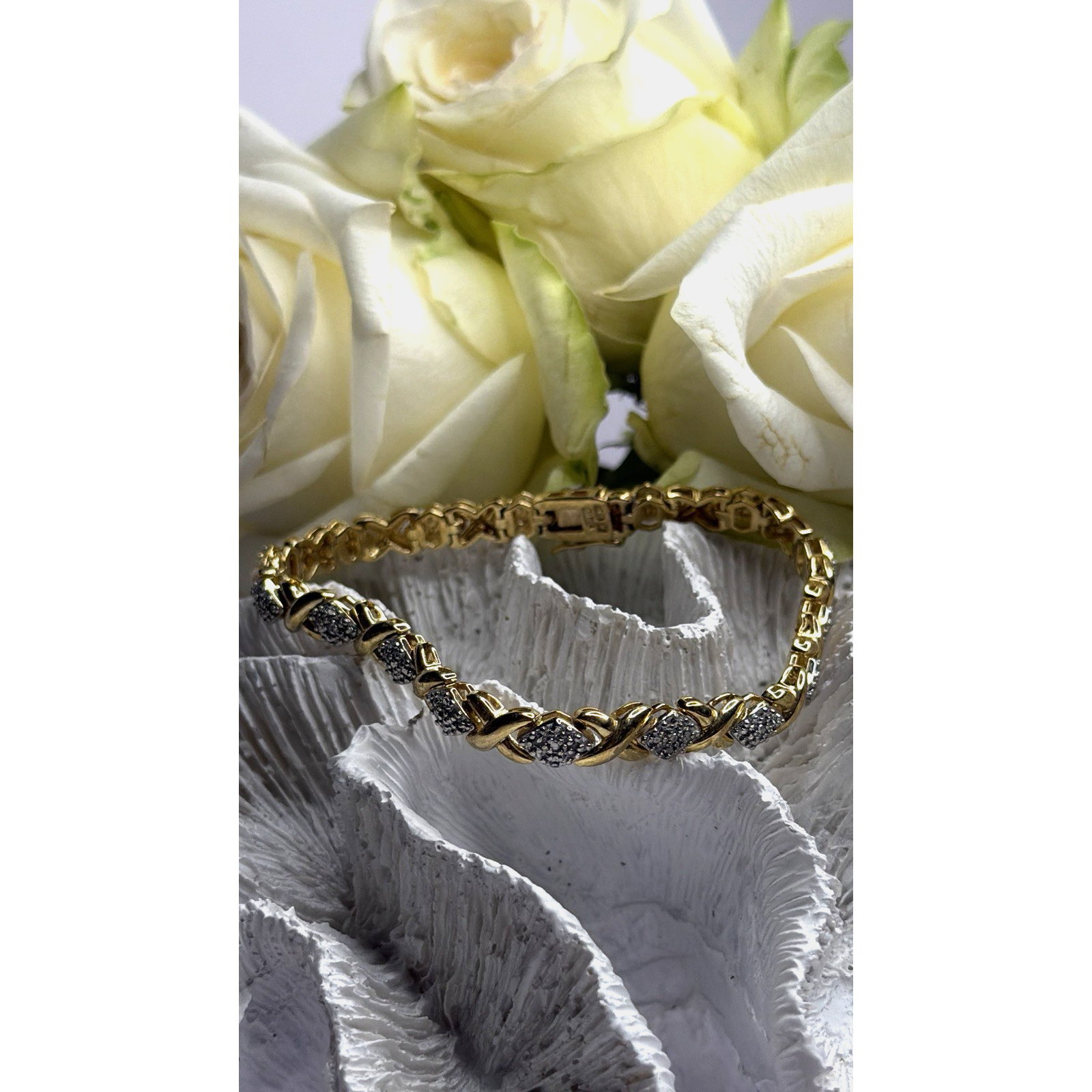 Elegant Tennis 925 Sterling Silver Gold Plated Bracelet Size 8